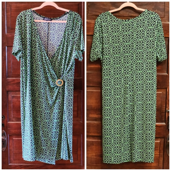 JONES NEW YORK Dress Faux Wrap 2X Green Blue Stretch Retro Holiday Party Dress - Picture 3 of 8